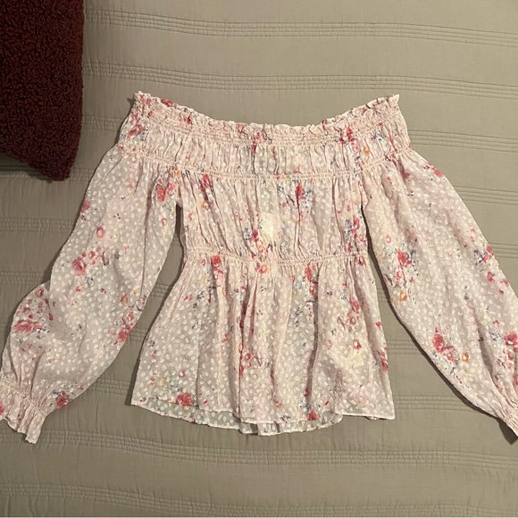 LoveShackFancy Tops - LoveShackFancy Bubbly Pink Floral Smocked Blouse Tiffie Polka Dot Floral